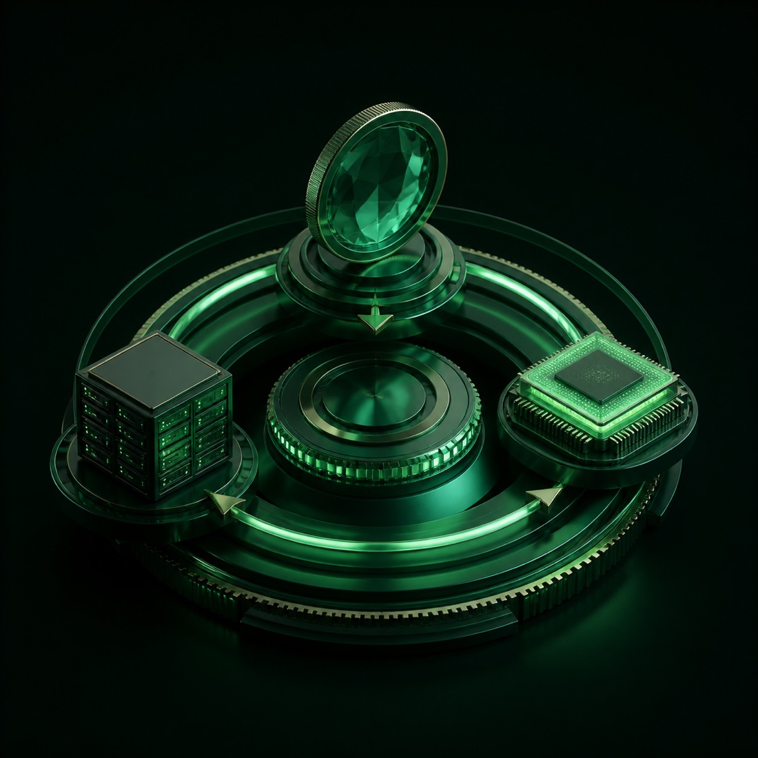3D illustration connecting a digital asset, data center, and AI processor