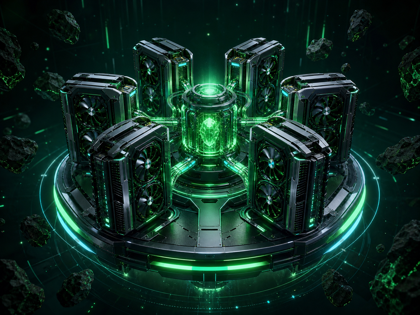 Futuristic 3D mining engine with six processing towers around an emerald energy core